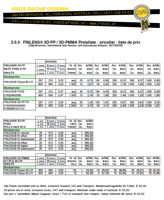 FINLENS® 3D-PP : 3D-PMMA Preisliste • pricelist • liste de prix